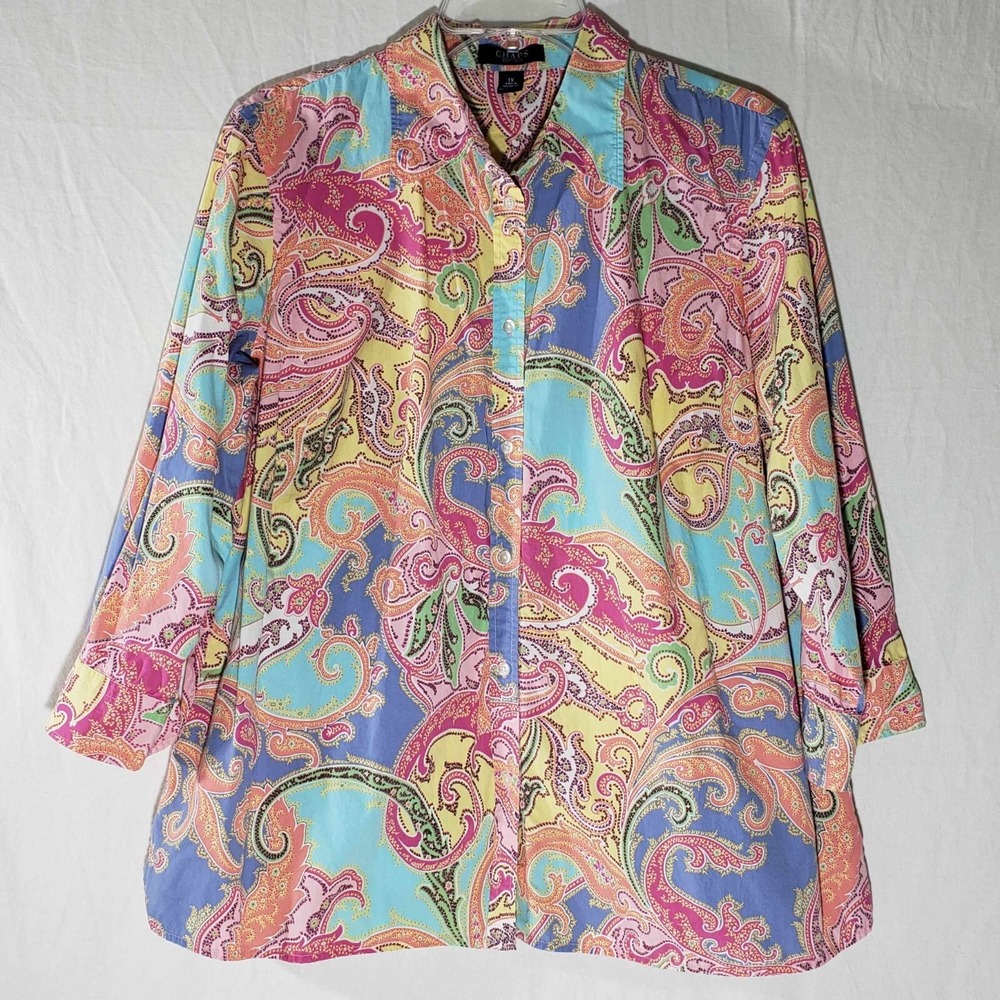 Chaps Women's 1X Blouse Multicolor Paisley Print 3/4 Sleeves 100% Cotton Shirt